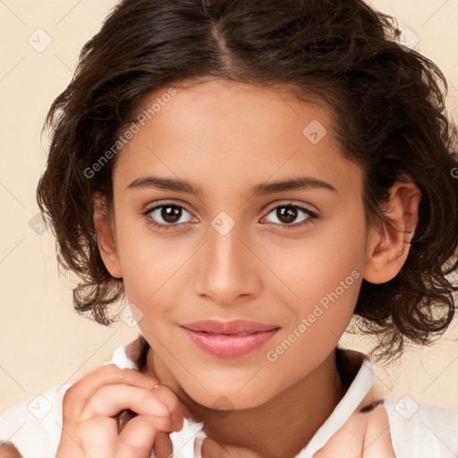 Joyful white child female with medium  brown hair and brown eyes