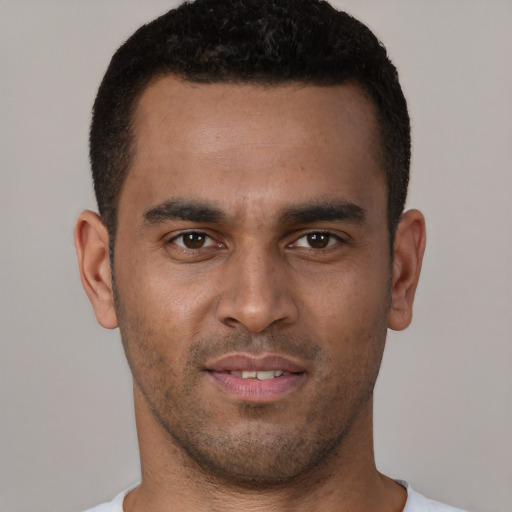 Neutral white young-adult male with short  brown hair and brown eyes