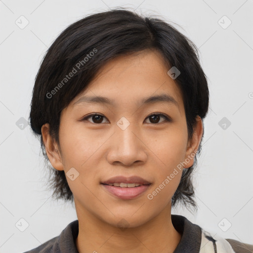 Joyful asian young-adult female with medium  black hair and brown eyes