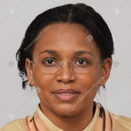 Joyful black adult female with short  brown hair and brown eyes