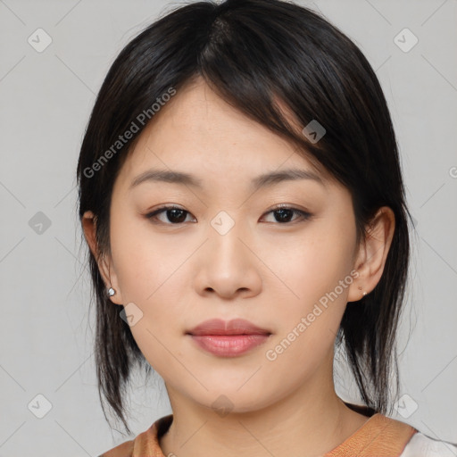 Neutral asian young-adult female with medium  black hair and brown eyes