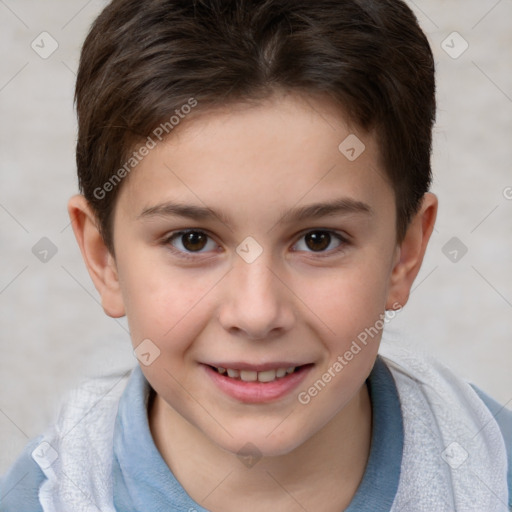 Joyful white child male with short  brown hair and brown eyes