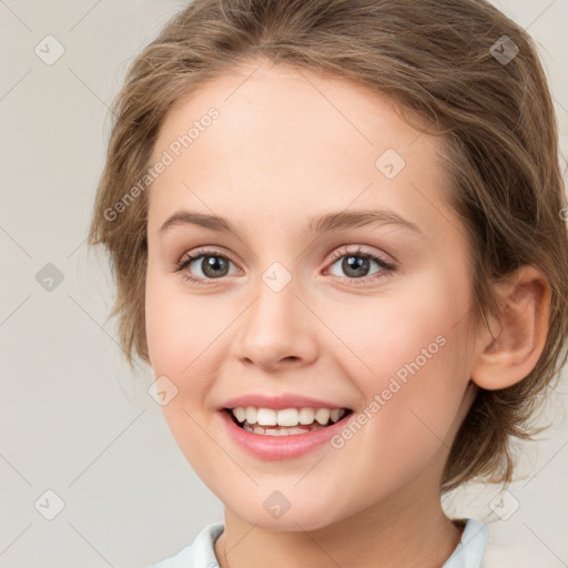 Joyful white young-adult female with medium  brown hair and green eyes