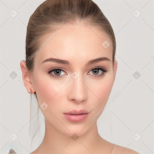 Neutral white young-adult female with medium  brown hair and brown eyes