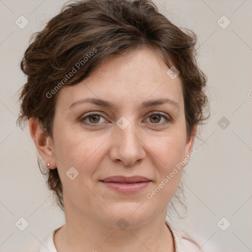 Joyful white adult female with medium  brown hair and grey eyes