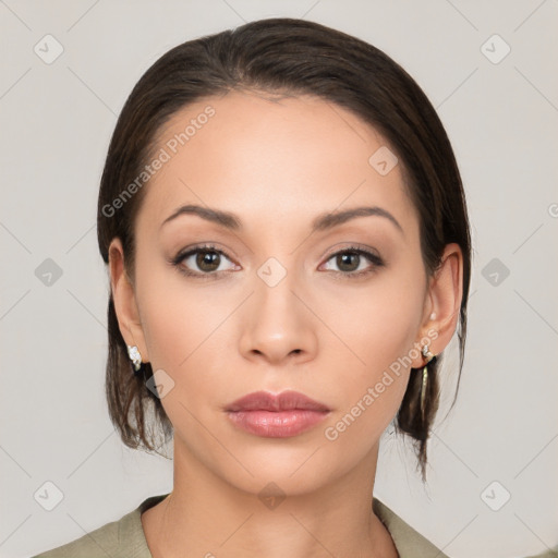 Neutral white young-adult female with medium  brown hair and brown eyes