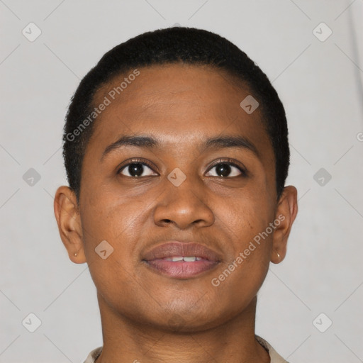 Joyful black young-adult male with short  brown hair and brown eyes