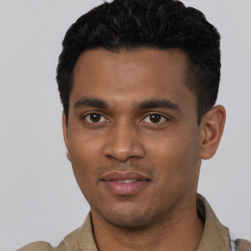 Neutral black young-adult male with short  black hair and brown eyes