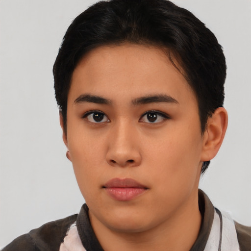 Neutral asian young-adult female with short  black hair and brown eyes