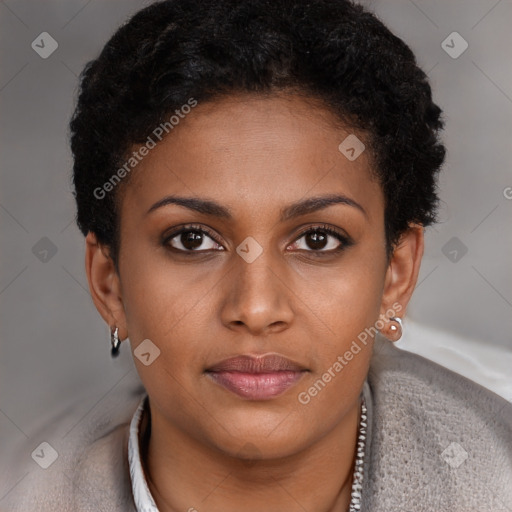 Joyful black young-adult female with short  brown hair and brown eyes