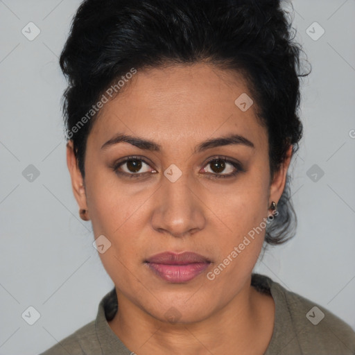 Joyful latino young-adult female with short  black hair and brown eyes