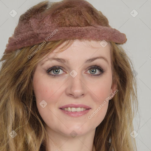 Joyful white young-adult female with long  brown hair and green eyes