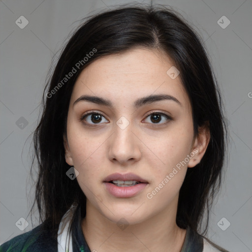 Neutral white young-adult female with medium  brown hair and brown eyes