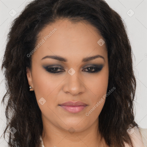 Joyful latino young-adult female with long  brown hair and brown eyes