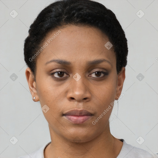 Neutral black young-adult female with short  black hair and brown eyes