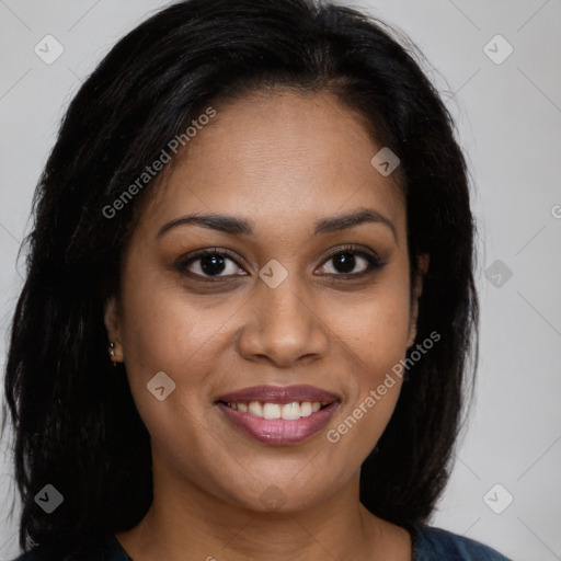 Joyful latino young-adult female with long  brown hair and brown eyes