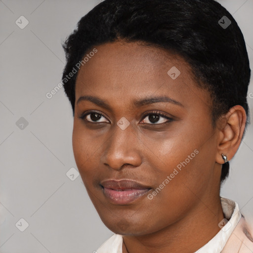 Neutral black young-adult female with short  black hair and brown eyes