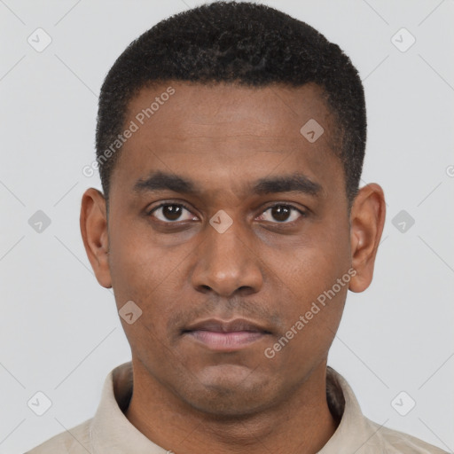 Neutral latino young-adult male with short  black hair and brown eyes