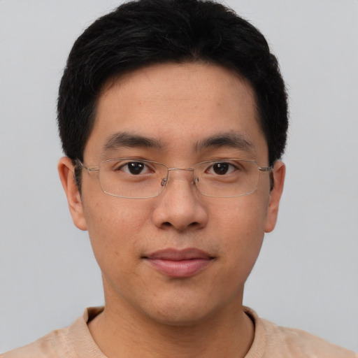 Neutral asian young-adult male with short  brown hair and brown eyes