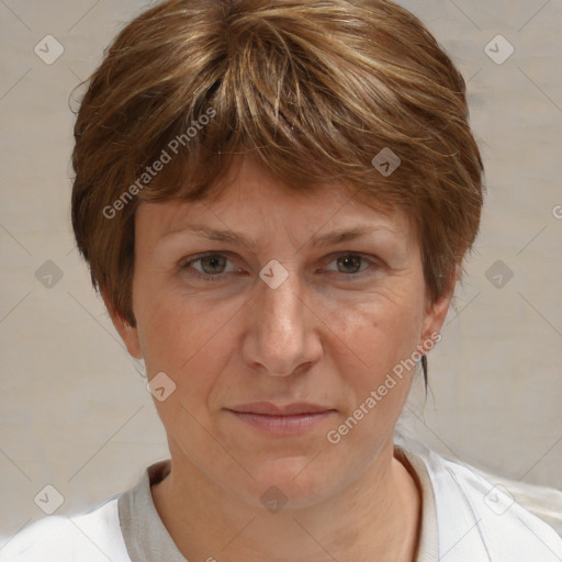 Joyful white adult female with short  brown hair and brown eyes