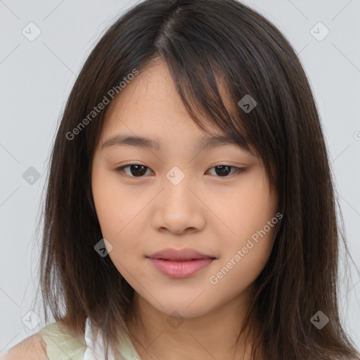 Joyful white child female with medium  brown hair and brown eyes