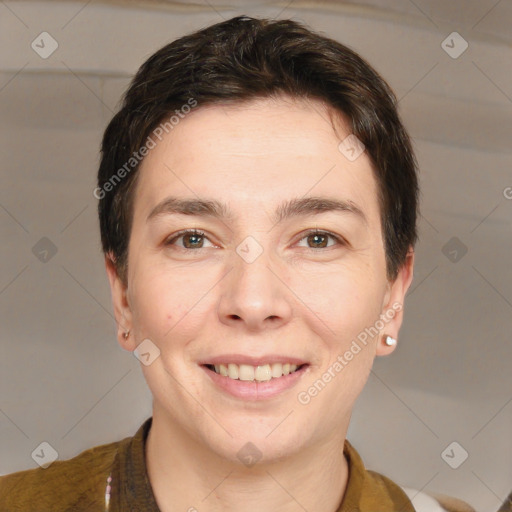 Joyful white young-adult female with short  brown hair and brown eyes