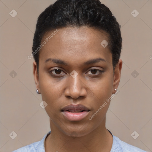 Joyful latino young-adult female with short  black hair and brown eyes