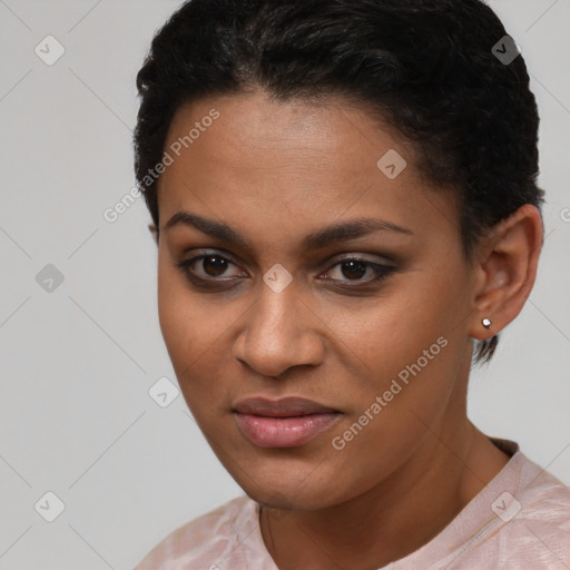 Joyful latino young-adult female with short  brown hair and brown eyes