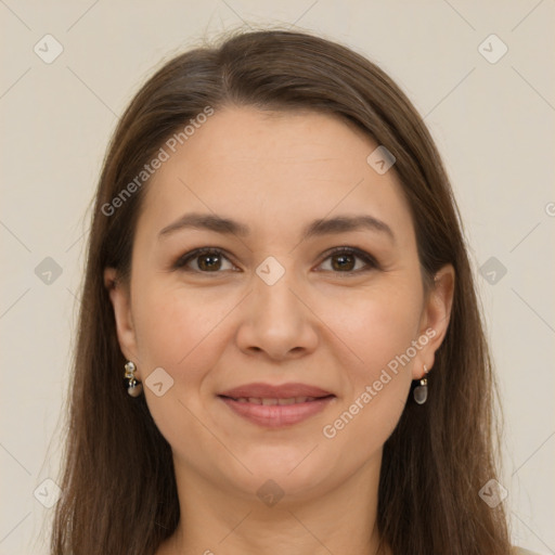 Joyful white young-adult female with long  brown hair and brown eyes