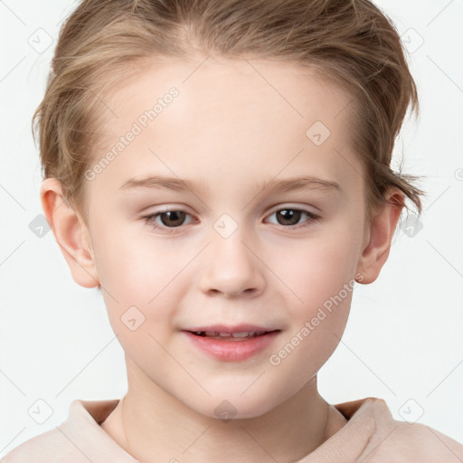 Joyful white child female with short  brown hair and grey eyes