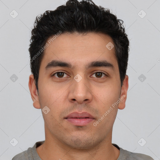 Neutral white young-adult male with short  black hair and brown eyes