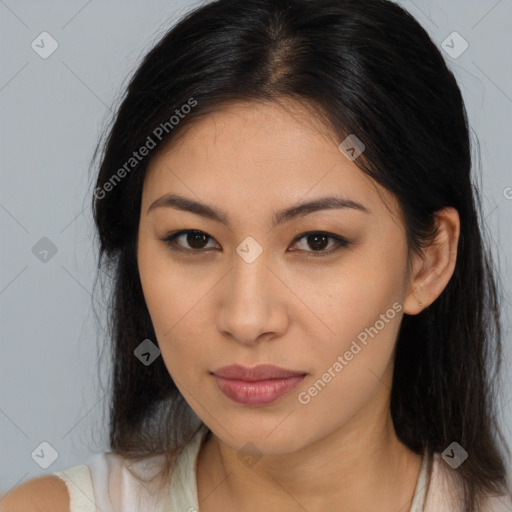 Neutral asian young-adult female with medium  brown hair and brown eyes