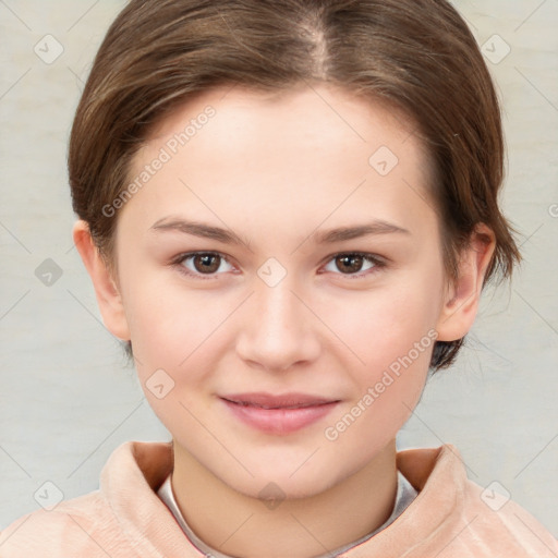 Joyful white child female with medium  brown hair and brown eyes