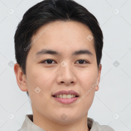 Joyful asian young-adult male with short  brown hair and brown eyes