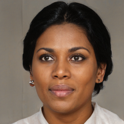 Neutral asian young-adult female with short  black hair and brown eyes