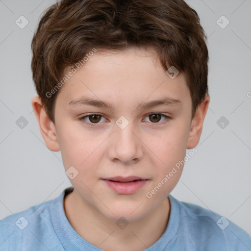 Joyful white child male with short  brown hair and brown eyes