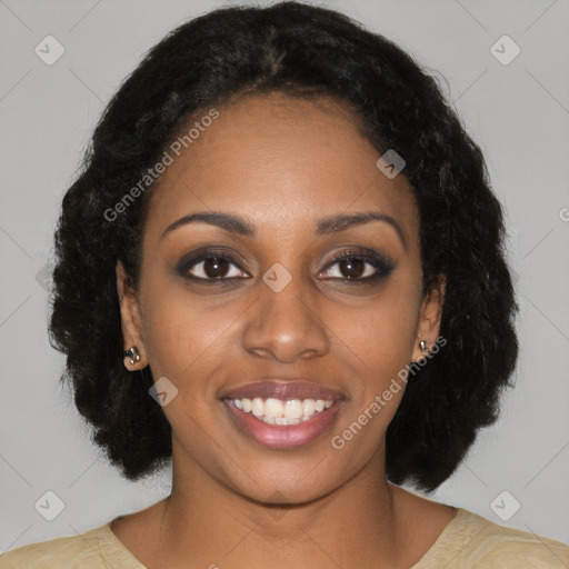 Joyful latino young-adult female with medium  black hair and brown eyes