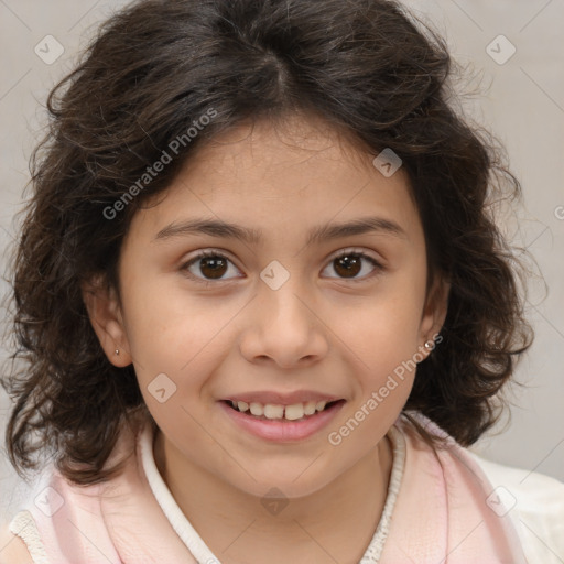 Joyful white child female with medium  brown hair and brown eyes