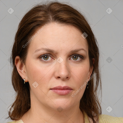 Neutral white young-adult female with medium  brown hair and grey eyes