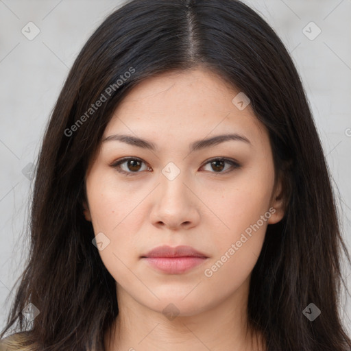 Neutral asian young-adult female with long  brown hair and brown eyes