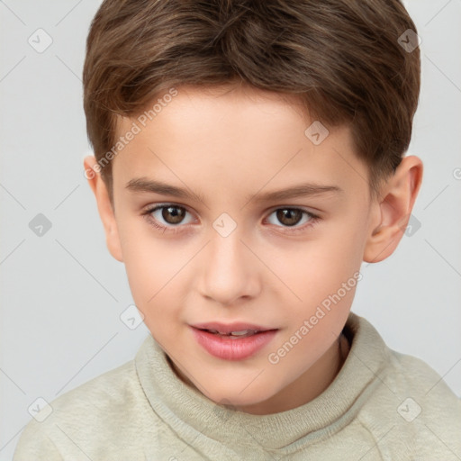 Joyful white child female with short  brown hair and brown eyes