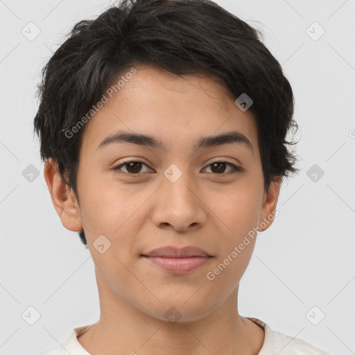 Joyful latino young-adult female with short  brown hair and brown eyes