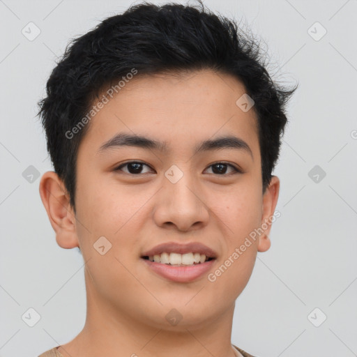 Joyful asian young-adult male with short  brown hair and brown eyes