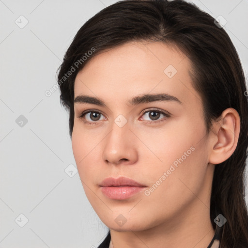 Neutral white young-adult female with medium  brown hair and brown eyes