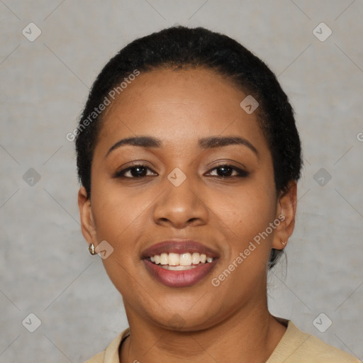 Joyful latino young-adult female with short  black hair and brown eyes