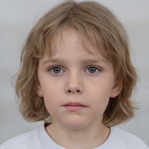 Neutral white child female with medium  brown hair and grey eyes