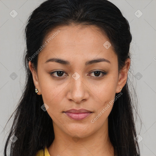 Joyful latino young-adult female with long  brown hair and brown eyes