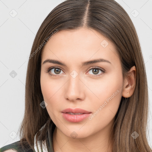 Neutral white young-adult female with long  brown hair and brown eyes