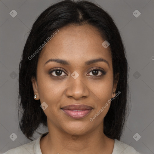 Joyful black young-adult female with medium  black hair and brown eyes