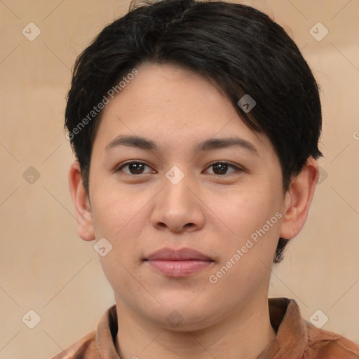 Neutral white young-adult female with short  brown hair and brown eyes